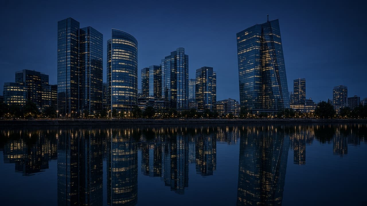 Quartier d'affaires au crépuscule, reflets sur l'eau