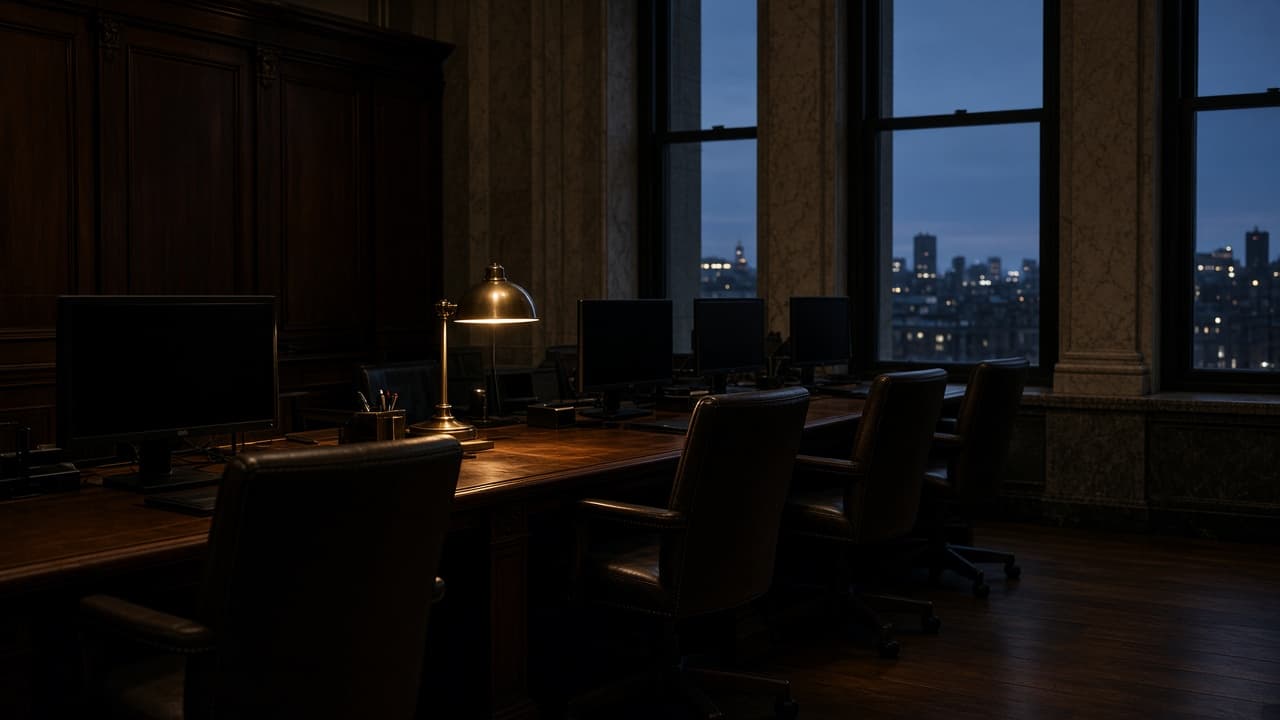 Salle de marché après la clôture, lampes de bureau et fenêtres sur la ville