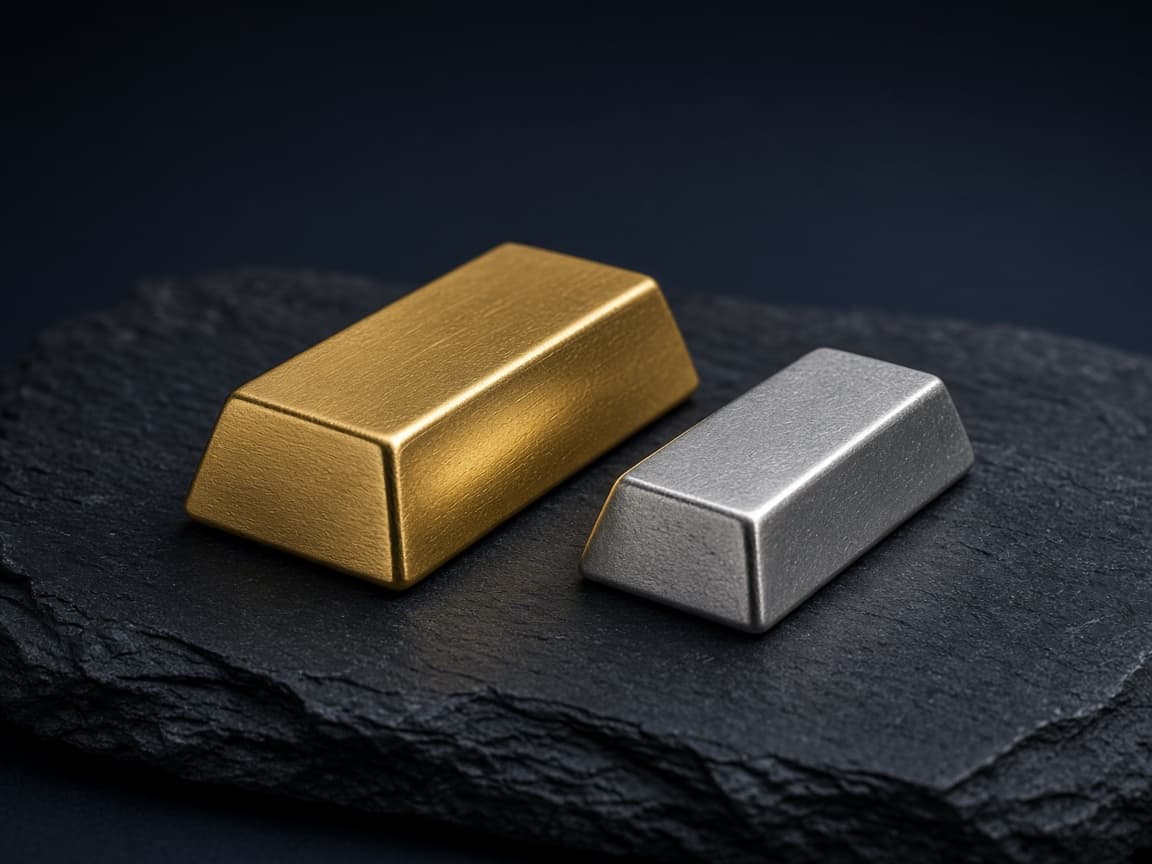 Lingot d'or et lingot d'argent sur une pierre sombre